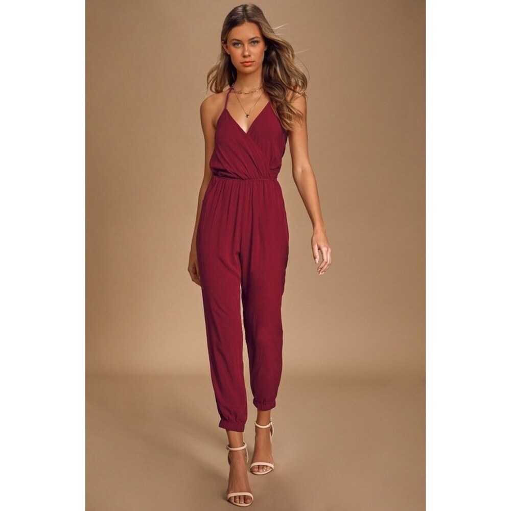 Lulus Learning To Fly Burgundy Halter Jumpsuit Red - Size L